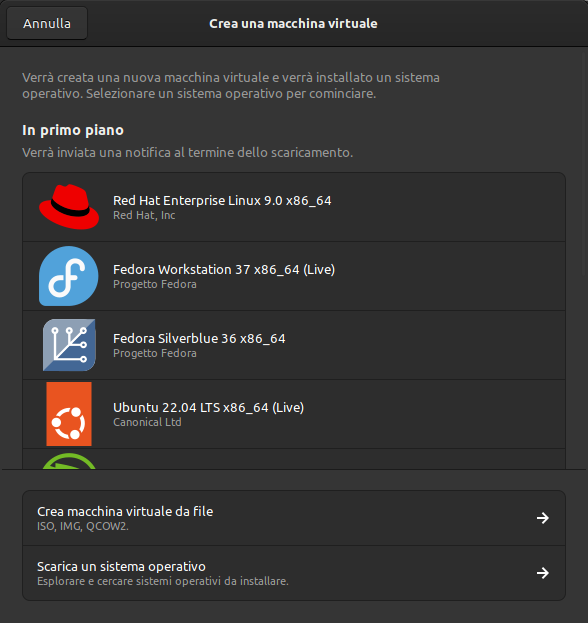 Sistemi operativi che si possono installare su Gnome Boxes